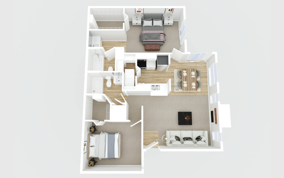 B1 Renovated - 2 bedroom floorplan layout with 2 bathrooms and 950 - 969 square feet