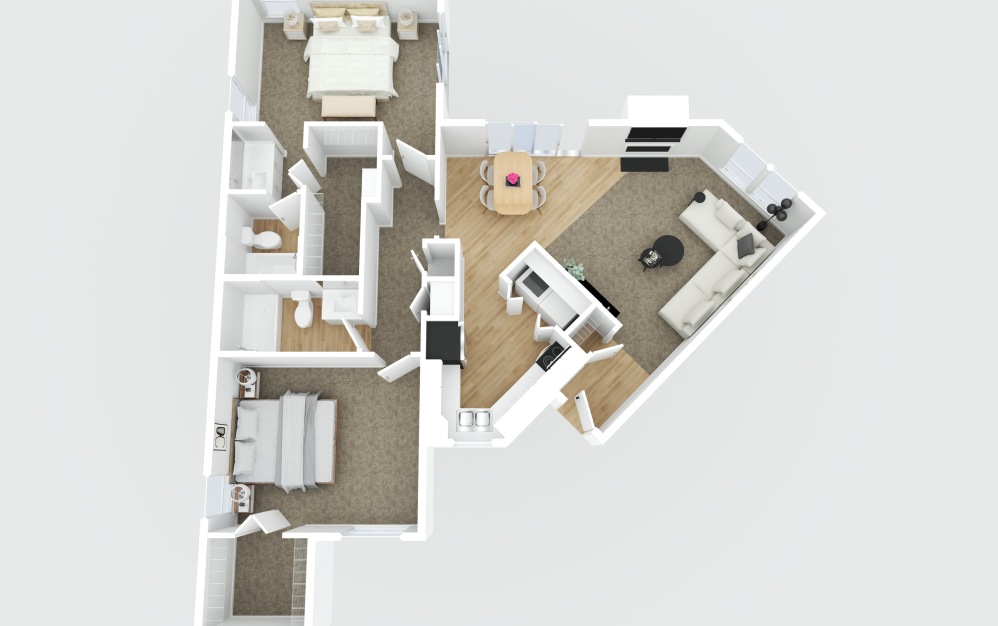 B2 Renovated - 2 bedroom floorplan layout with 2 bathrooms and 1056 - 1104 square feet