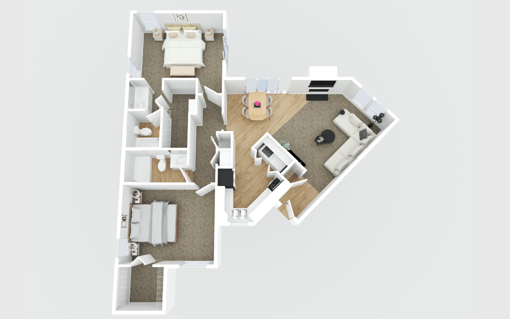 B2 Renovated - 2 bedroom floorplan layout with 2 bathrooms and 1056 - 1104 square feet