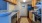 a kitchen with blue cabinets